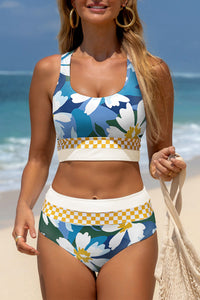 Green Floral Print Racerback Cutout High Waist 2pcs Bikini