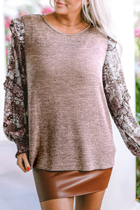Pale Chestnut Ruffle Tiered Floral Sleeve Crew Neck Blouse