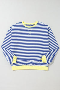 Blue Stripe Oversized Contrast Trim Pullover Sweatshirt