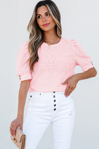 White Flower Geometric Textured Button Short Sleeve Top