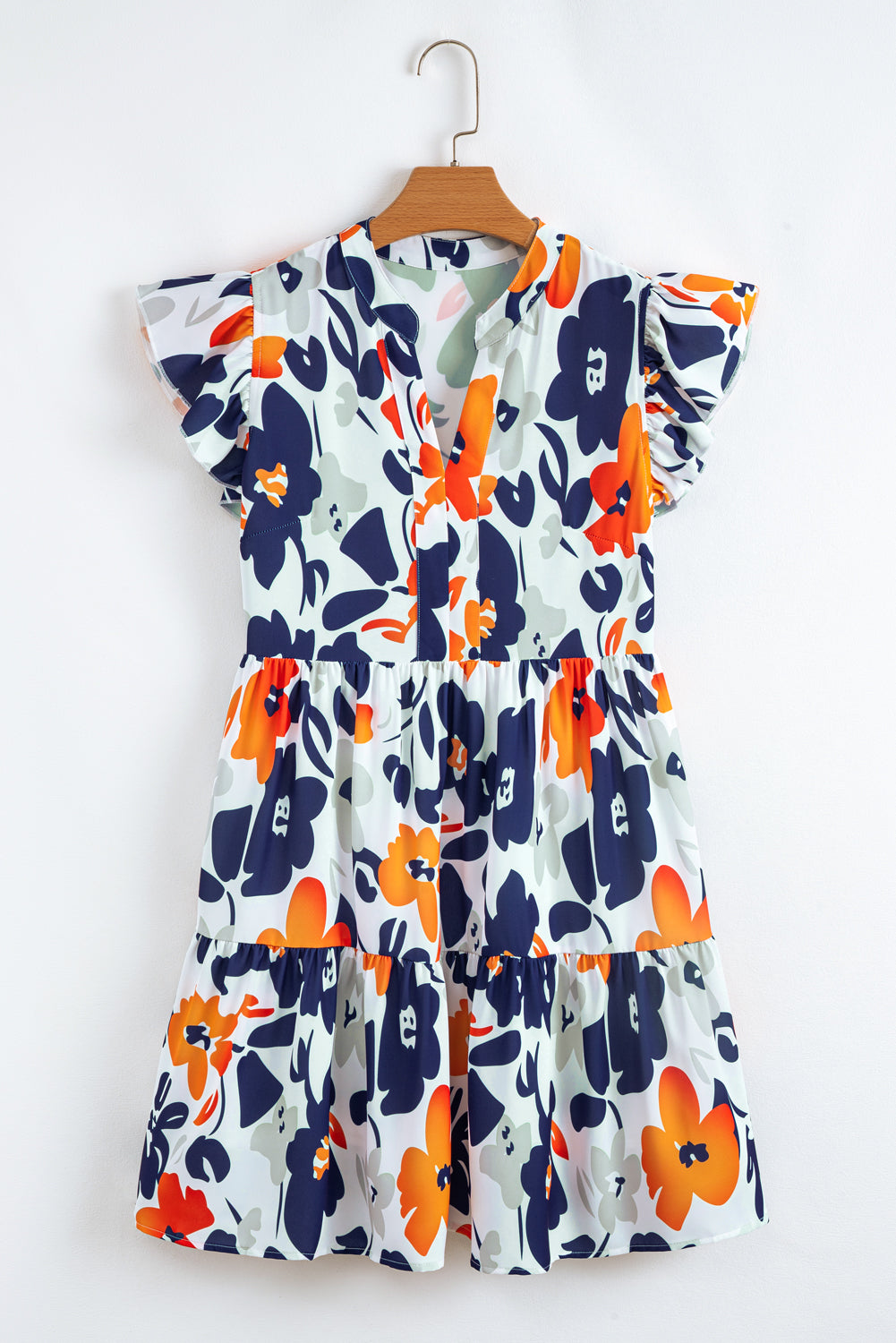 Fashion Floral Print Notched Neck Flutter Sleeve Mini Dress