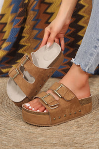 Black Suede Buckle Decor Footbed Sandal Slippers