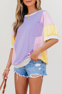 Purple Color Block Patchwork Half Sleeve Oversized T Shirt