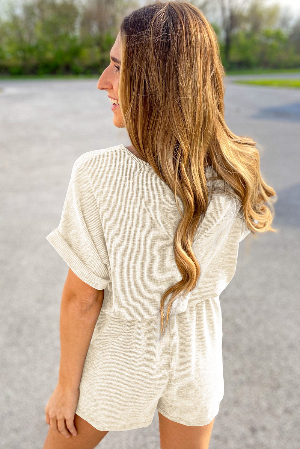 Gray Ribbed Elastic Waist Romper