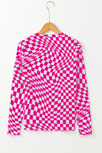 Black Checkered Pattern Mesh Mock Neck Long Sleeve Top