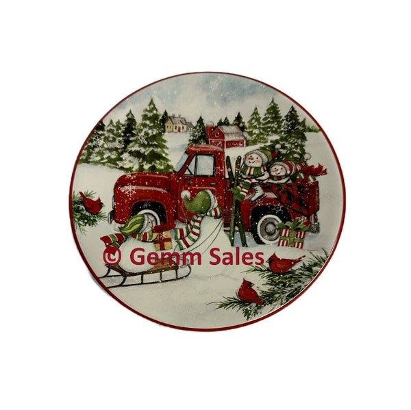 Christmas Certified International Red Truck Snowman Canape Plate - Fun in the Snow