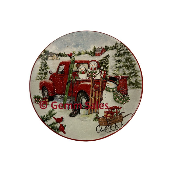 Christmas Certified International Red Truck Snowman Canape Plate - Skis