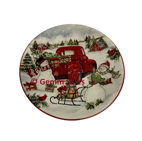 Christmas Certified International Red Truck Snowman Canape Plate - Snowsleigh