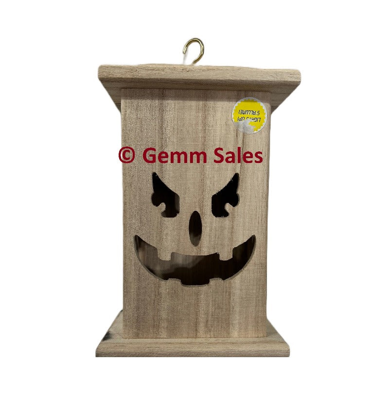 Halloween Lantern Lights Up Unfinished Wood - Jack-O-Lantern Evil Face