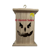 Halloween Lantern Lights Up Unfinished Wood - Jack-O-Lantern Evil Face