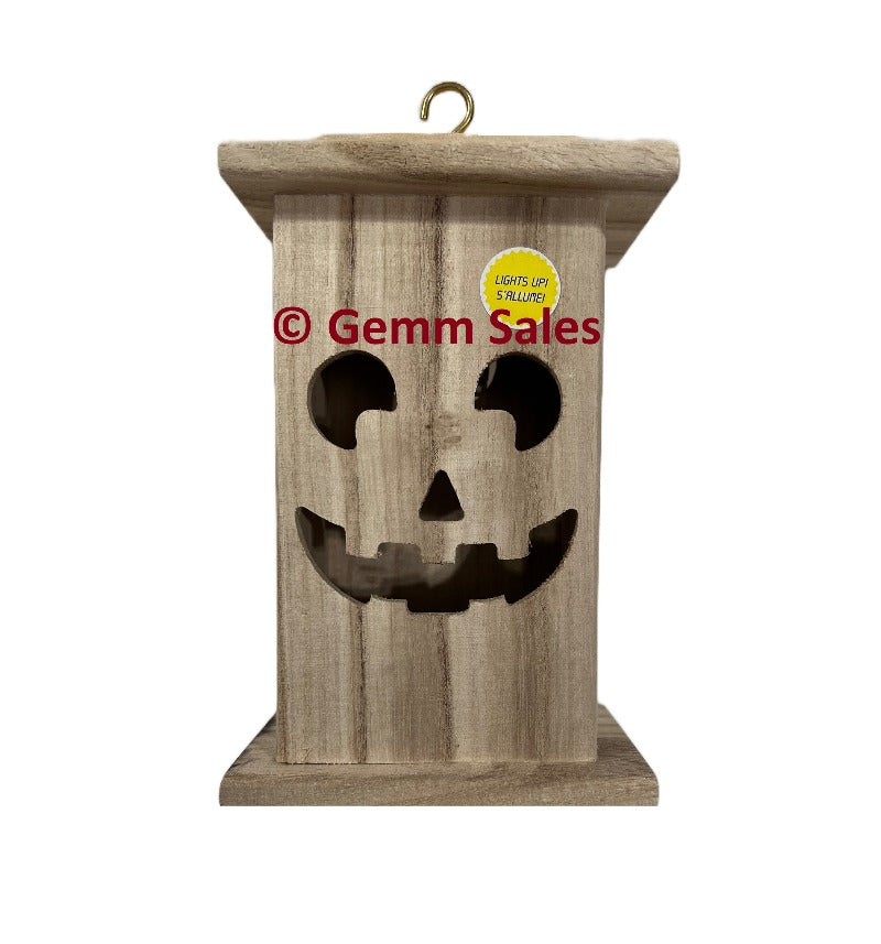 Halloween Lantern Lights Up Unfinished Wood - Jack-o-Lantern Happy Face