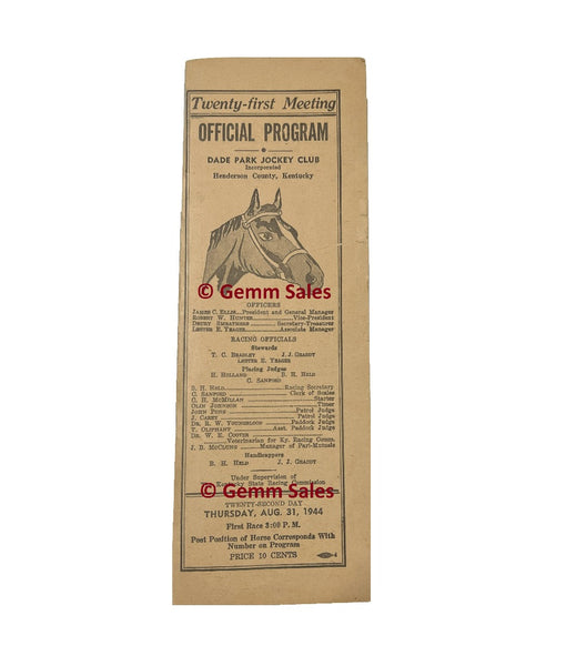 Vintage Official Program Dade Park Jockey Club - Original Copy 1944