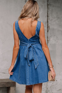 Sail Blue Square Neck Bowknot A-line Sleeveless Denim Dress
