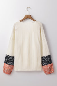 Beige Floral Patchwork Textured Knit Drawstring V Neck Blouse