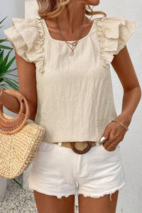 Gossamer Pink Textured Bow Knot Frilled Butterfly Sleeve Blouse