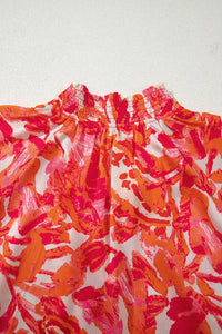 Rose Abstract Print Striped Trim Split Neck Blouse