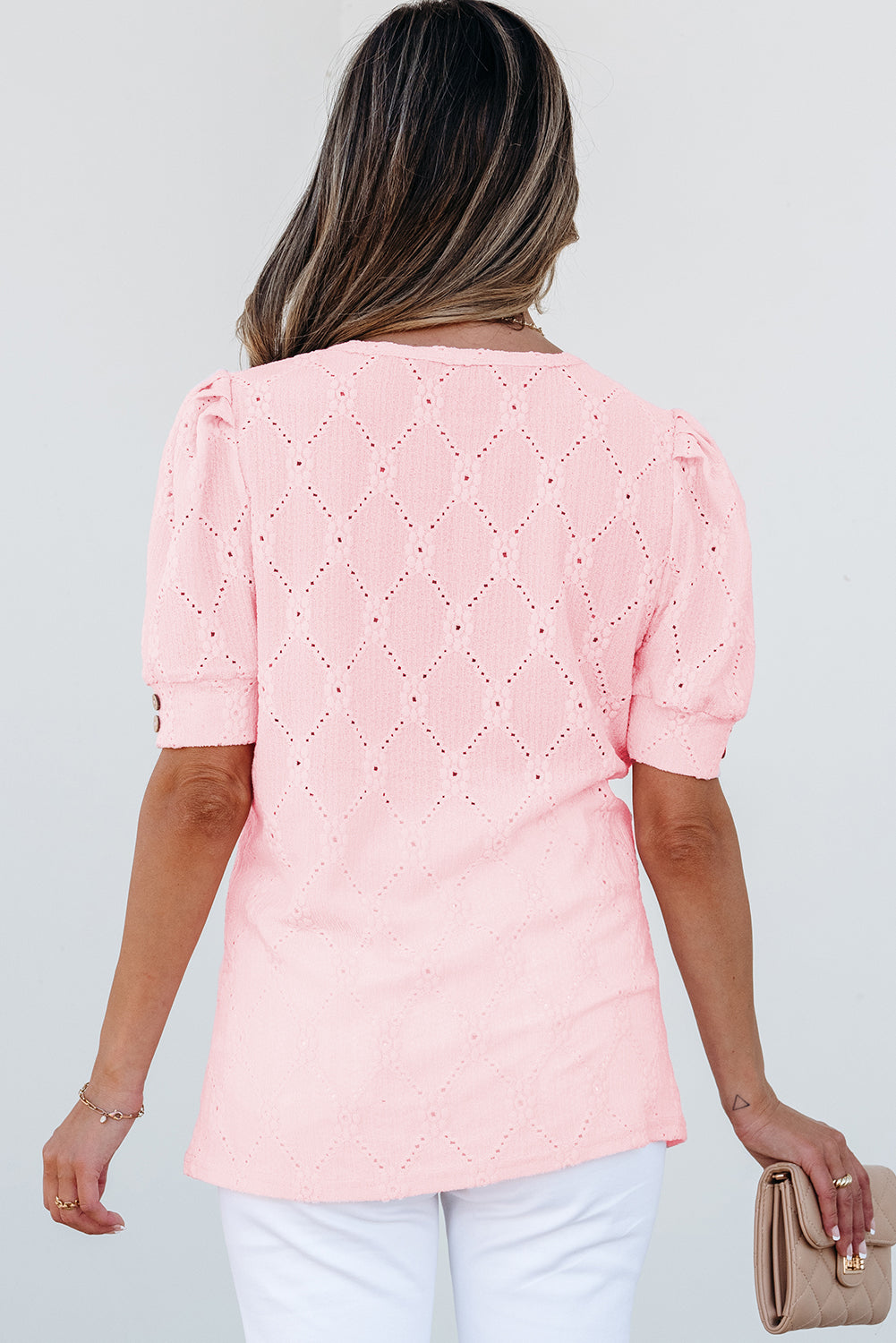 White Flower Geometric Textured Button Short Sleeve Top