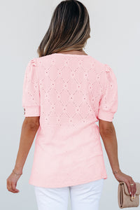 White Flower Geometric Textured Button Short Sleeve Top