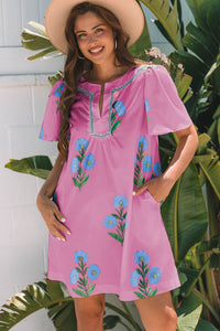 Blue Floral Short Sleeve Split Neck Loose Mini Dress