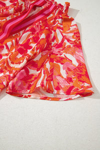 Rose Abstract Print Striped Trim Split Neck Blouse