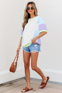 White Color Block Patchwork Half Sleeve Oversized T Shirt