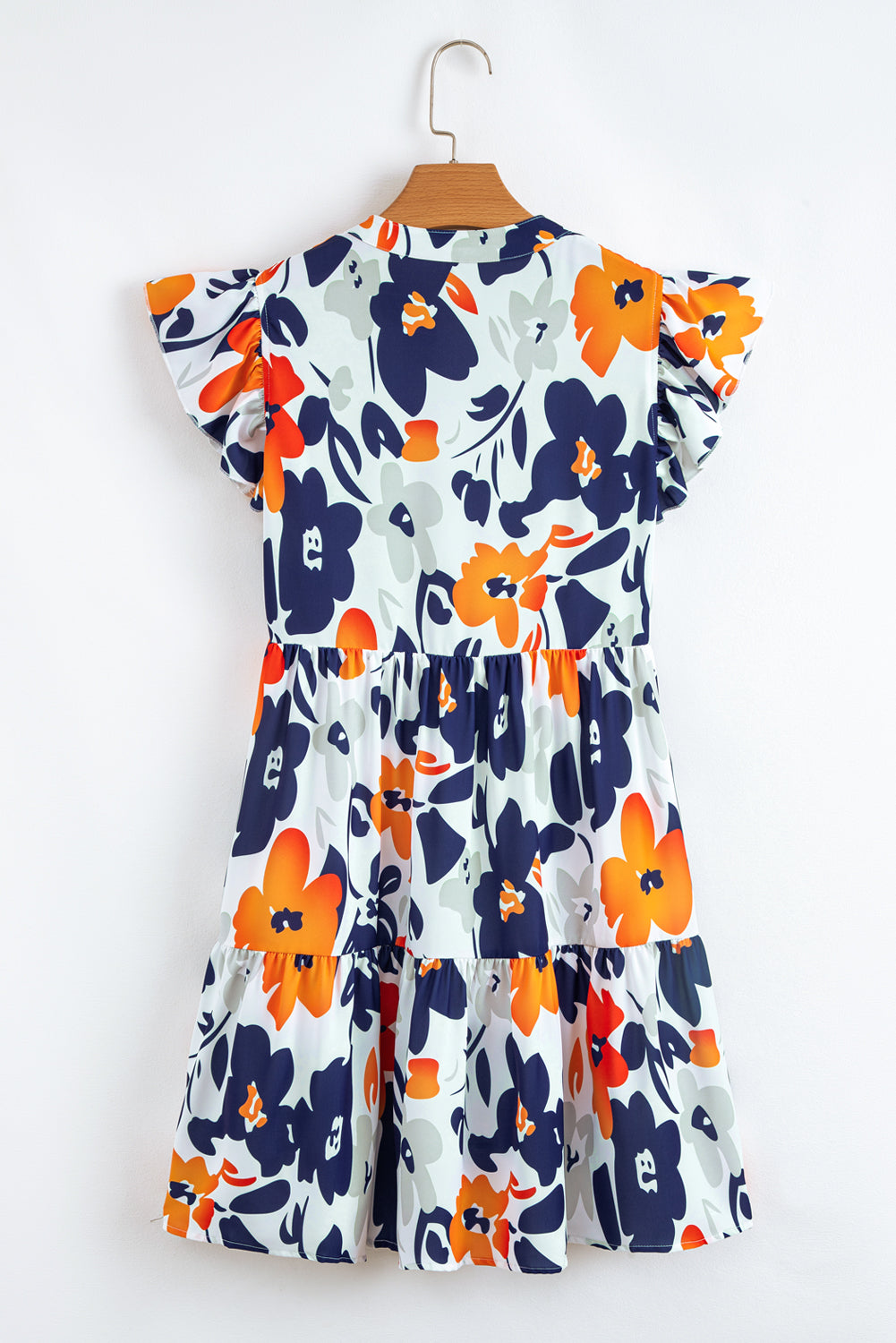 Fashion Floral Print Notched Neck Flutter Sleeve Mini Dress