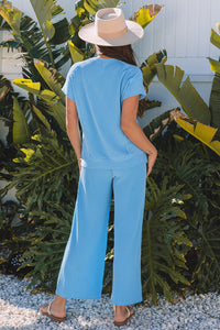 Bright Green Solid Corded Knit Short Sleeve T Shirt and Wide Leg Pants Set