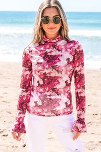 Rose Floral Mesh Flounce Sleeve Mock Neck Blouse
