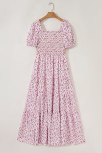 White Frilly Shirred Bodice Tiered Floral Maxi Dress