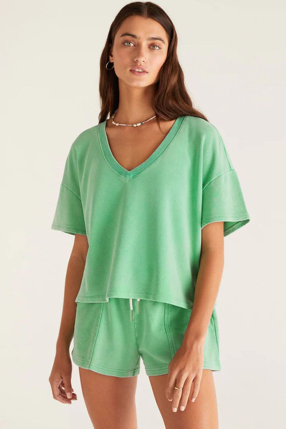 Bonbon V Neck Drop Shoulder Tee and Patchwork Drawstring Shorts Set