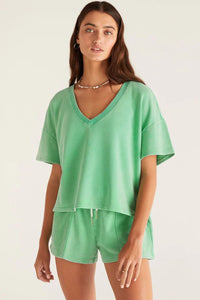 Bonbon V Neck Drop Shoulder Tee and Patchwork Drawstring Shorts Set