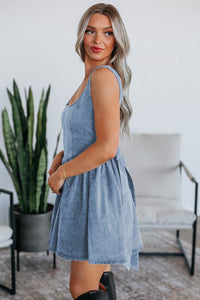 Sail Blue Square Neck Bowknot A-line Sleeveless Denim Dress