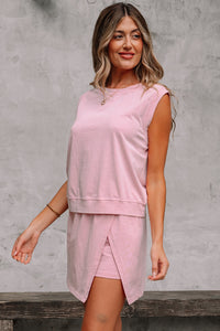 Light Pink 2 Pieces Mineral Wash Cotton Tank Top Lined Split Skirt Set