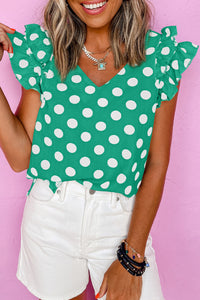 Black Polka Dot Print Ruffled Sleeve V Neck Blouse