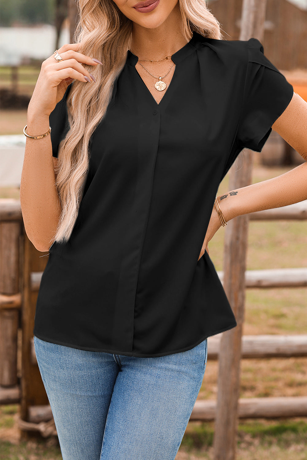 White Silky Notched Neckline Petal Sleeve Blouse