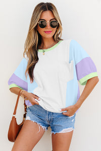 White Color Block Patchwork Half Sleeve Oversized T Shirt