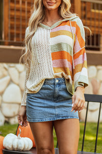 DEAR-LOVER Beige Oversized Colorblock V Neck Hooded Sweater