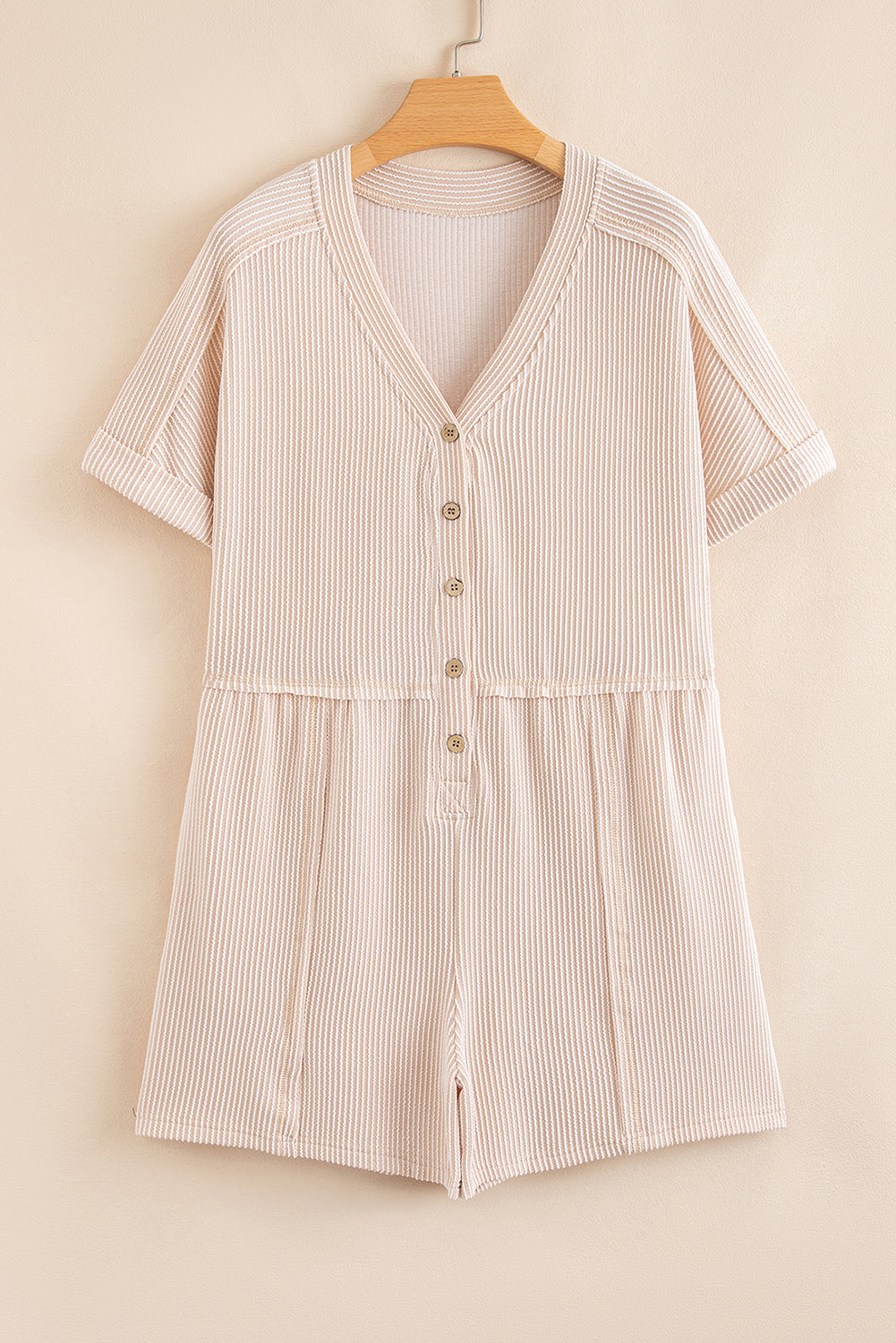 Bright Pink Spiral Ribbed Short Sleeve V Neck Buttoned Romper with Pocket