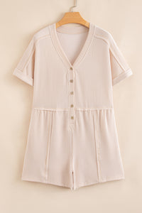 Bright Pink Spiral Ribbed Short Sleeve V Neck Buttoned Romper with Pocket
