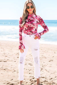 Rose Floral Mesh Flounce Sleeve Mock Neck Blouse