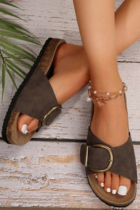 Coffee Buckle Decor Faux Suede Thick Sole Slippers