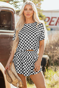 Brown Checkerboard T Shirt and High Waist Skorts 2 Piece Outfit