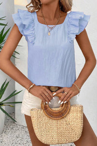 Gossamer Pink Textured Bow Knot Frilled Butterfly Sleeve Blouse