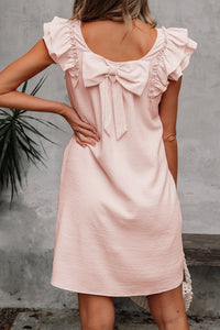 Beau Blue Textured Flutter Sleeve Square Neck Bow Back Mini Dress