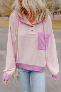 Light Pink Corded Colorblock Patch Pocket Drawstring Hooded Top