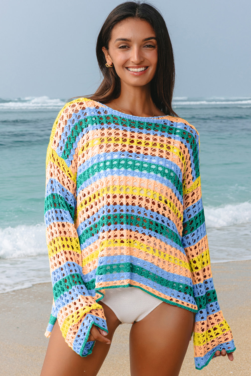 Purple Multi Stripe Open Knit Sweater Beach Cover Up