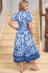 White Floral Puff Short Sleeve V Neck High Waist Maxi Dress