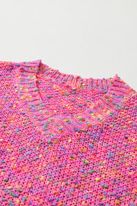 Dark Pink Colorful Spots Knitted V Neck Casual Sweater