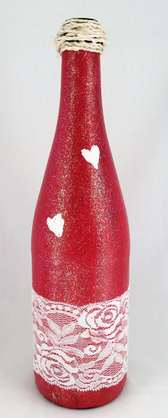 Valentine's Day Wine Bottle Vase, Hand Painted Glitter Red, Lace & White Hearts