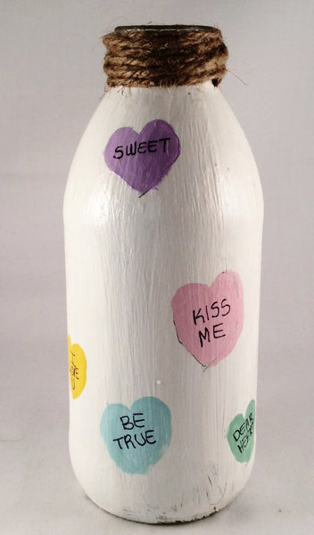 Valentine's Day Vase, hand painted Candy Hearts, Glass Bottle